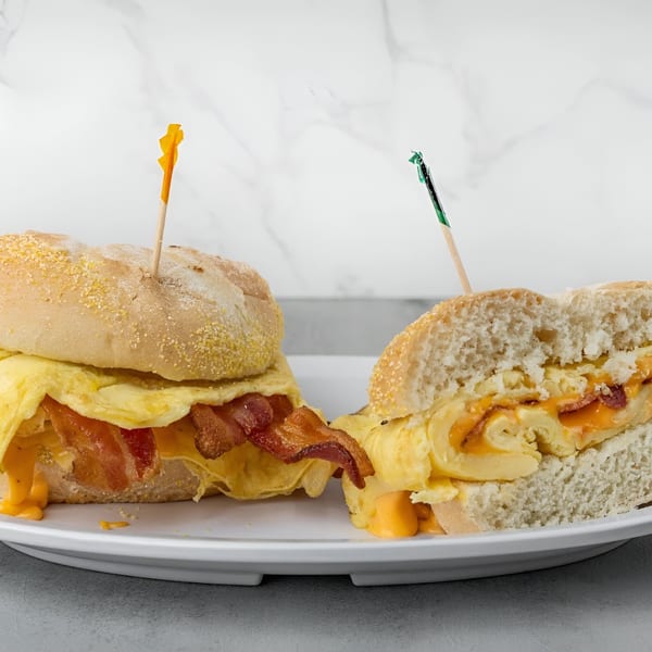 Two NY Deli breakfast sandwiches with bacon, egg, and melted cheese on a white plate.